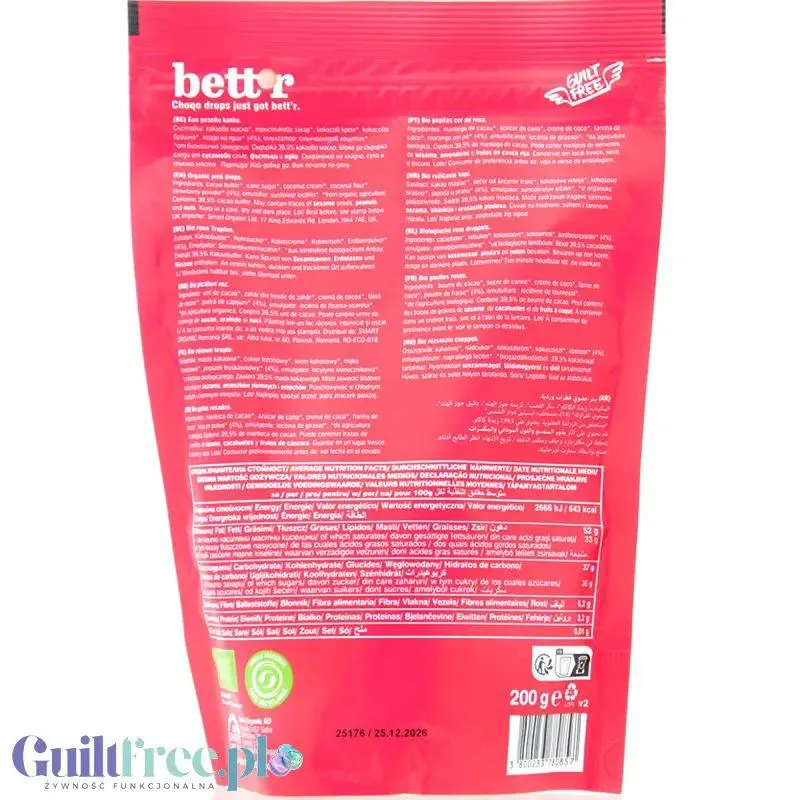 Bett'r Pink Choqo Drops - wegańskie, organiczne kropelki z białej czekolady z truskawką