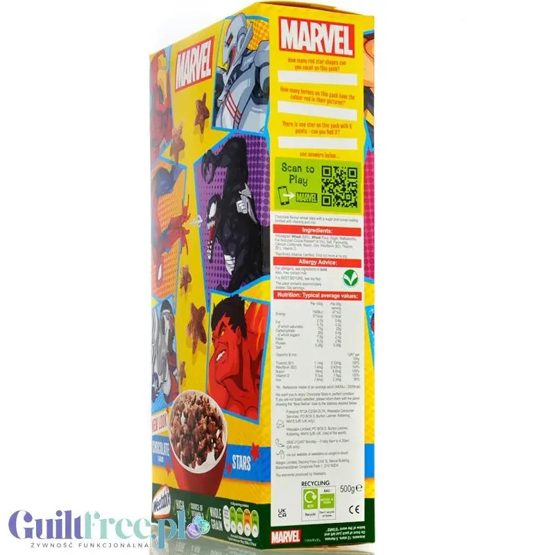 Weetabix Marvel Chocolate Stars - pełnoziarniste płatki śniadaniowe z żelazem i witaminami