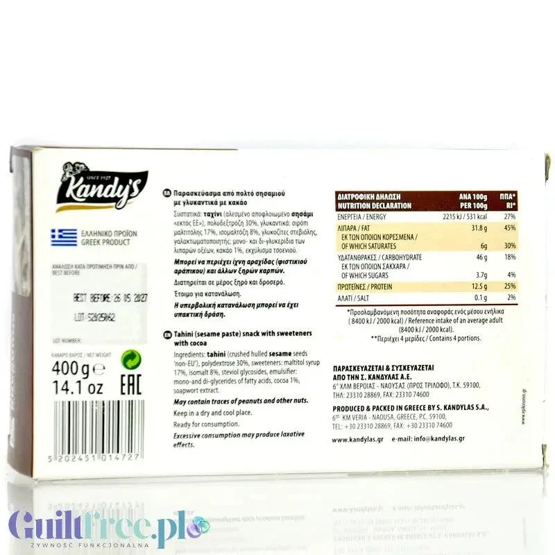 Kandylas grecka chałwa kakaowa bez cukru ze stewią 400g
