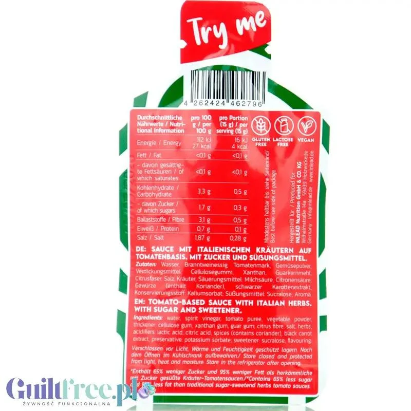 Inlead Premium Sauce Italian Allrounder, saszetka 20g - wegański sos pomidorowy z włoskimi ziołami bez cukru tylko 16kcal