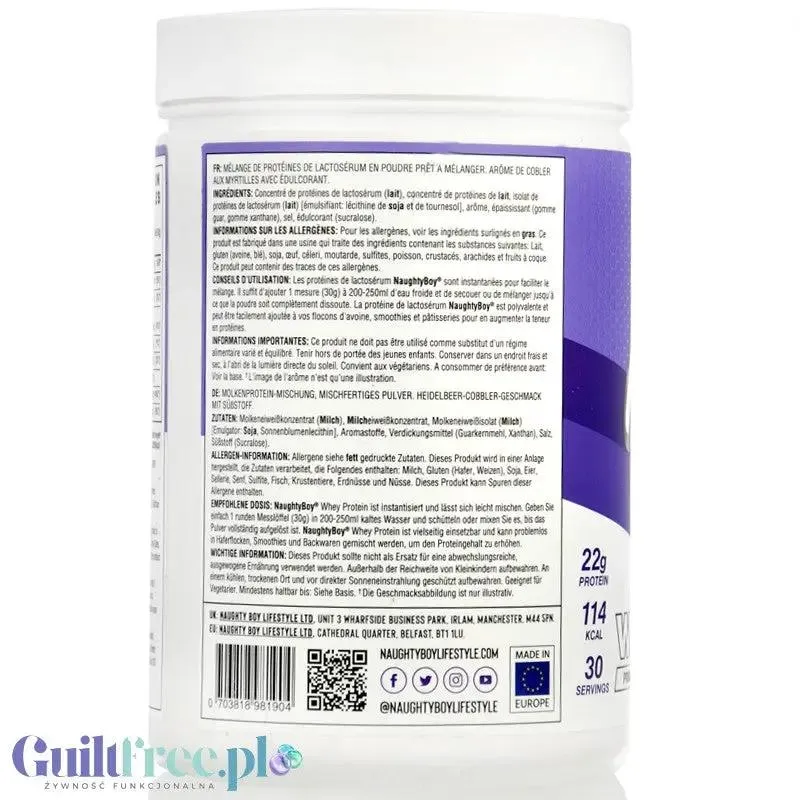 Naughty Boy Whey Protein Blueberry Cobbler 900g - gęsta odżywka białkowa WPI, WPC & MPC