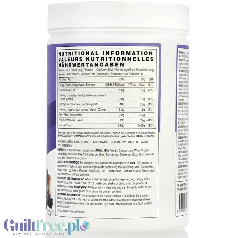 Naughty Boy Whey Protein Blueberry Cobbler 900g - gęsta odżywka białkowa WPI, WPC & MPC