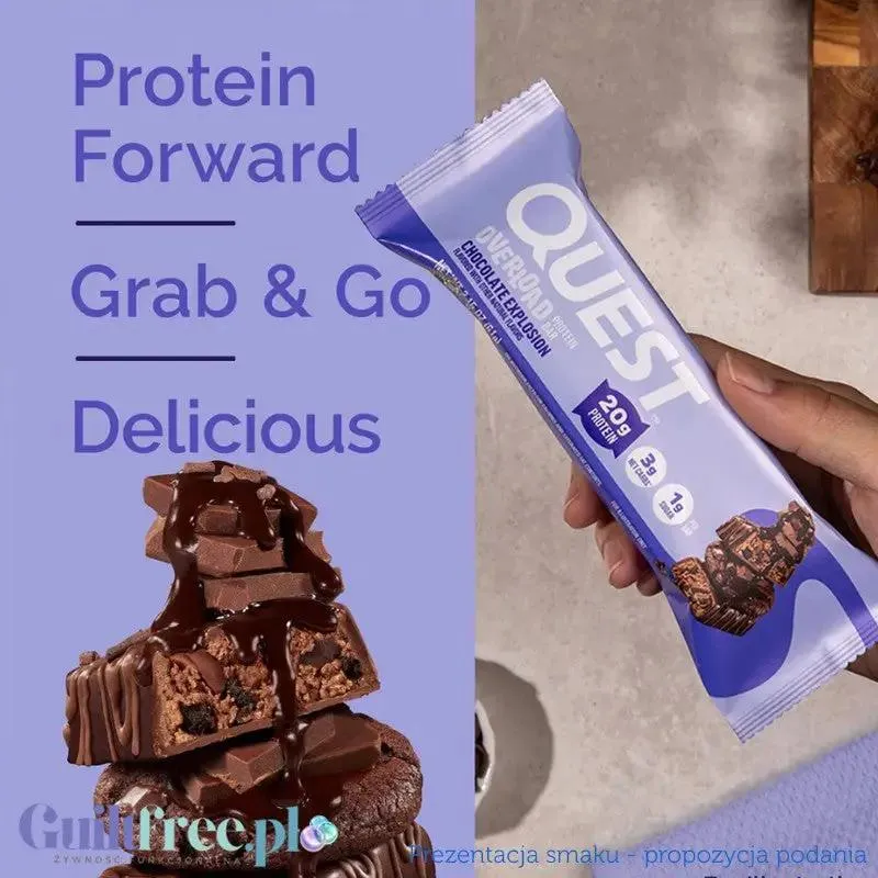 Quest Overload Chocolate Explosion - baton proteinowy bez cukru i maltitolu, smak Brownie & Czekolada