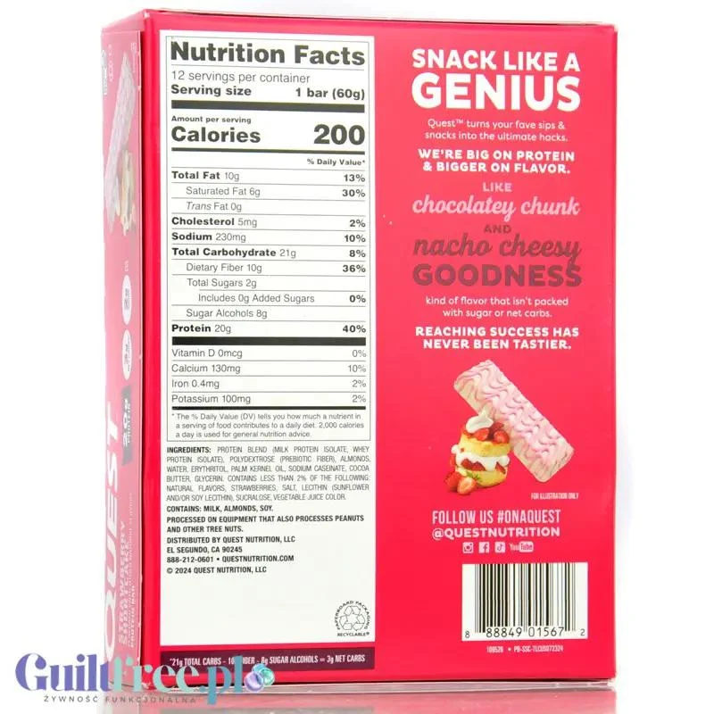 Quest Strawberry Shortcake BOX 12 szt - baton proteinowy bez cukru i maltitolu, smak Ciasto Truskawkowe
