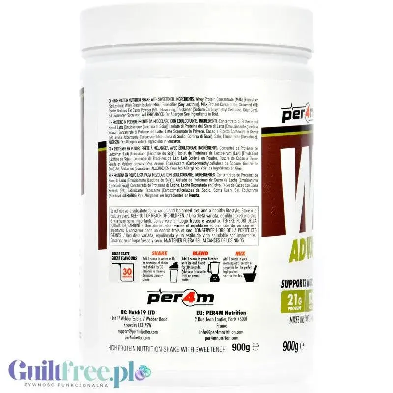 Per4M Whey Advanced Protein Dubai Chocolate 0,9kg - gęsta odżywka białkowa WPC, WPI & MPC o smaku Dubajaskiej Czekolada