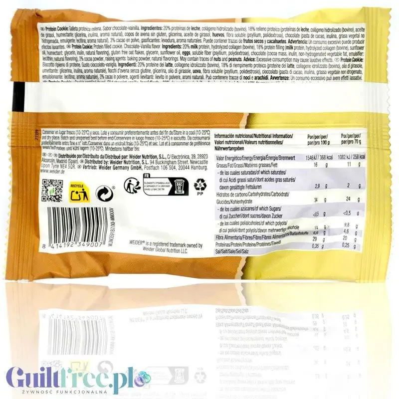 Weider Protein Cookie Chocolate - Vanilla - wysokobiałkowe czekoladowe ciastko z kawałkami czekolady i waniliowym nadzieniem