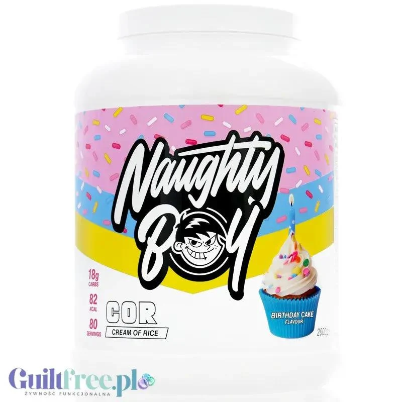 Naughty Boy Cream of Rice, Birthday Cake 2kg - kleik ryżowy bez cukru, regeneracyjny posiłek treningowy, Tort Urodzinowy