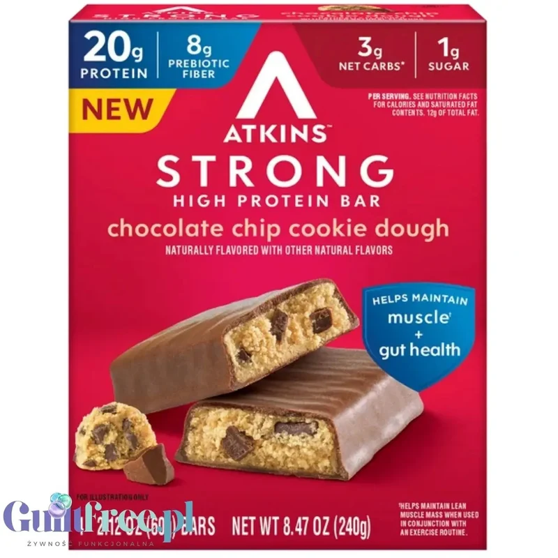 Atkins Strong Chocolate Chip Cookie Dough PUDEŁKO x 4 BATONY - baton proteinowy20g białka, bez maltitolu