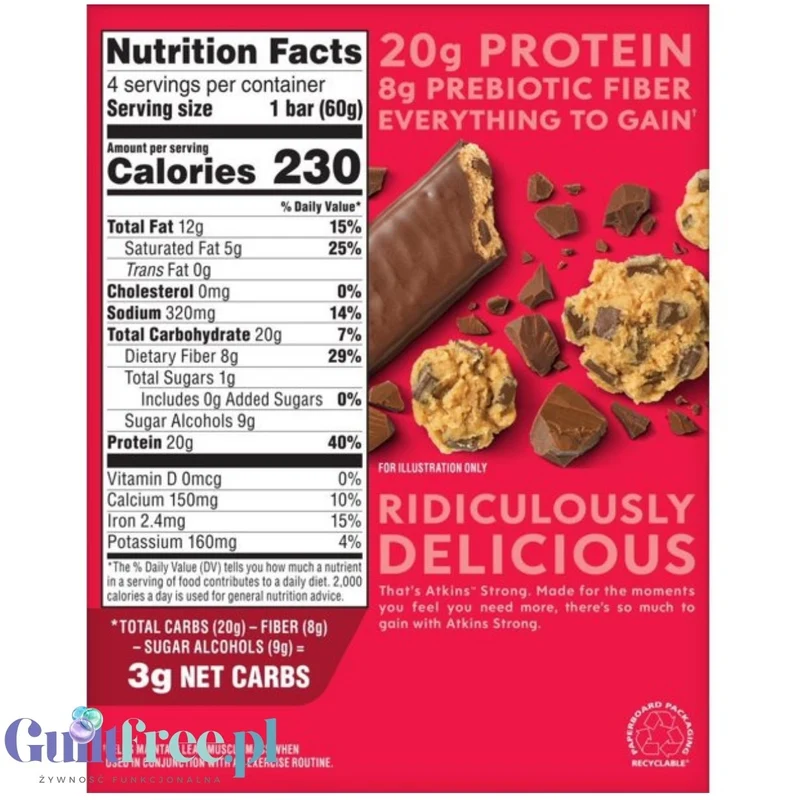Atkins Strong Chocolate Chip Cookie Dough - baton proteinowy20g białka, bez maltitolu