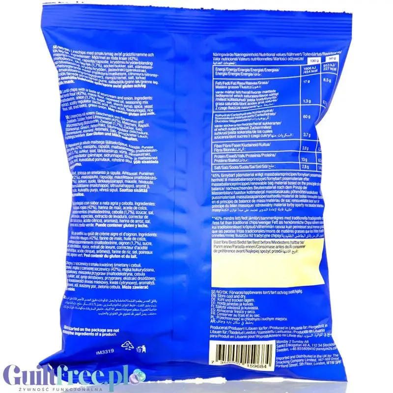 Pandy Lentil Chips Sour Cream & Onion - wegańskie chrupki z soczewicy 40% mniej tłuszczu, smak Śmietana & Cebulka