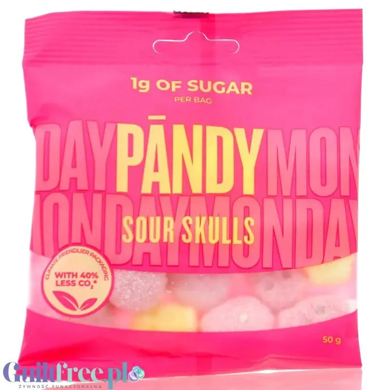 Pandy Sour Skulls - kwaśne żelki błonnikowe bez cukru 45% mniej kalorii, malinowo-cytrynowe