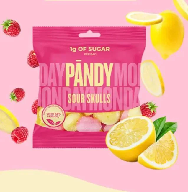 Pandy Sour Skulls - kwaśne żelki błonnikowe bez cukru 45% mniej kalorii, malinowo-cytrynowe