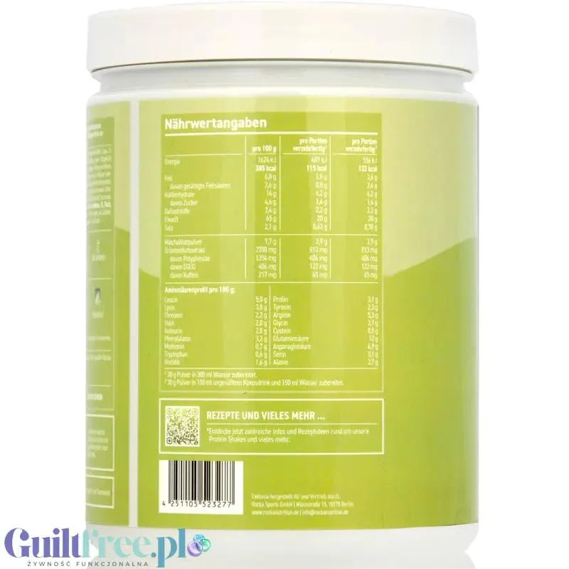 Rocka Nutrition Protein Matcha Latte 600g - wegańska odżywka proteinowa 65mg kofeiny, z matcha i zieloną herbatą