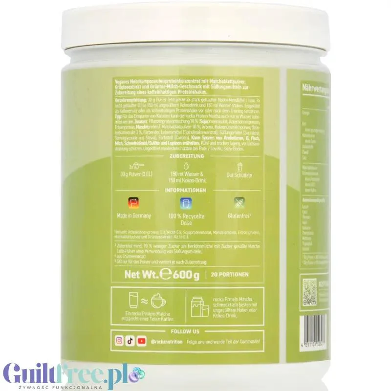 Rocka Nutrition Protein Matcha Latte 600g - wegańska odżywka proteinowa 65mg kofeiny, z matcha i zieloną herbatą