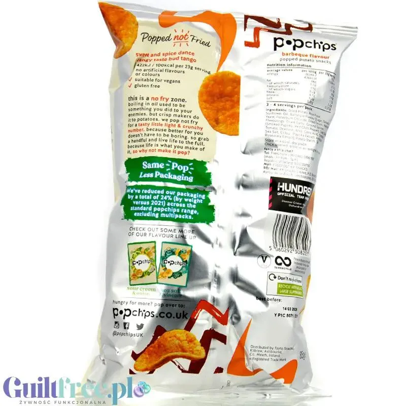 Popchips Barbeque 85g - pieczone chipsy BBQ 50% mniej tłuszczu, bez oleju palmowego