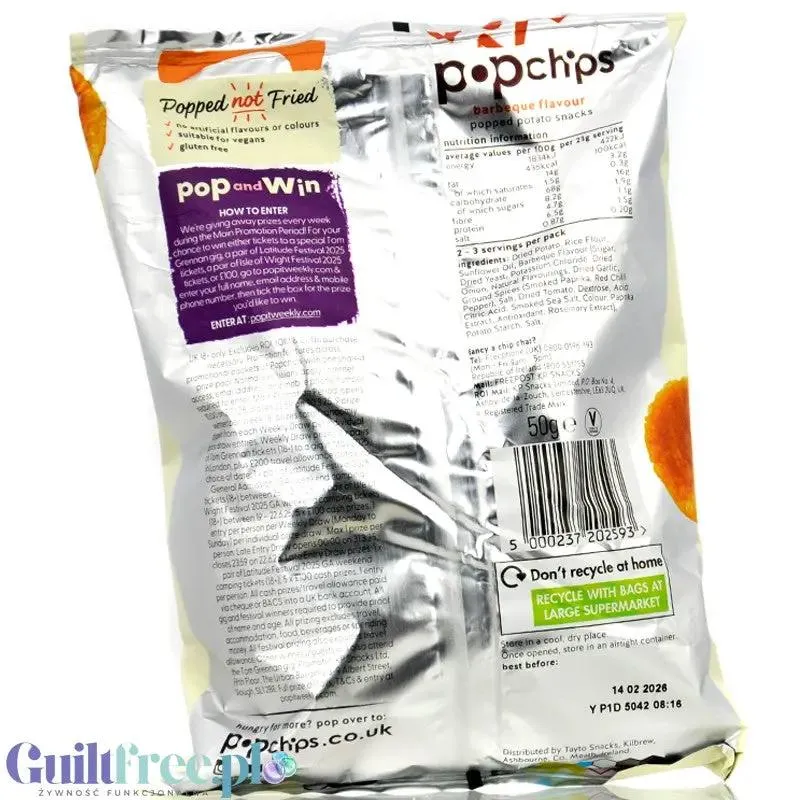 Popchips Barbeque 50g - pieczone chipsy BBQ 50% mniej tłuszczu, bez oleju palmowego