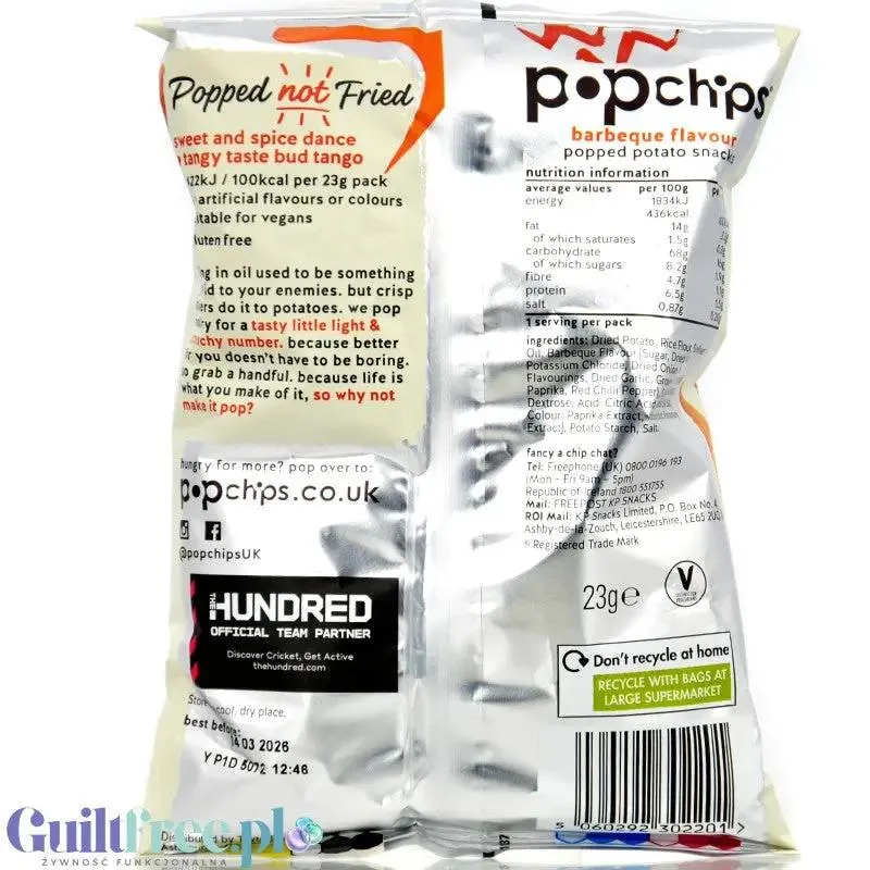 Popchips Barbeque 23g - pieczone chipsy BBQ 50% mniej tłuszczu, bez oleju palmowego