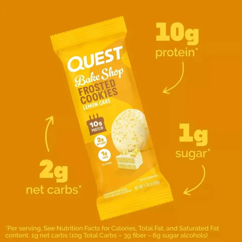 Quest Frosted Cookies, Lemon Cake - lukrowane miękkie keto ciastka w polewie, BOX 8 SZT