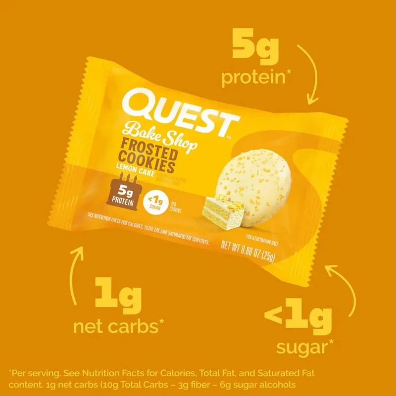 Quest Frosted Cookies, Lemon Cake - lukrowane miękkie keto ciastka w polewie, BOX 8 SZT