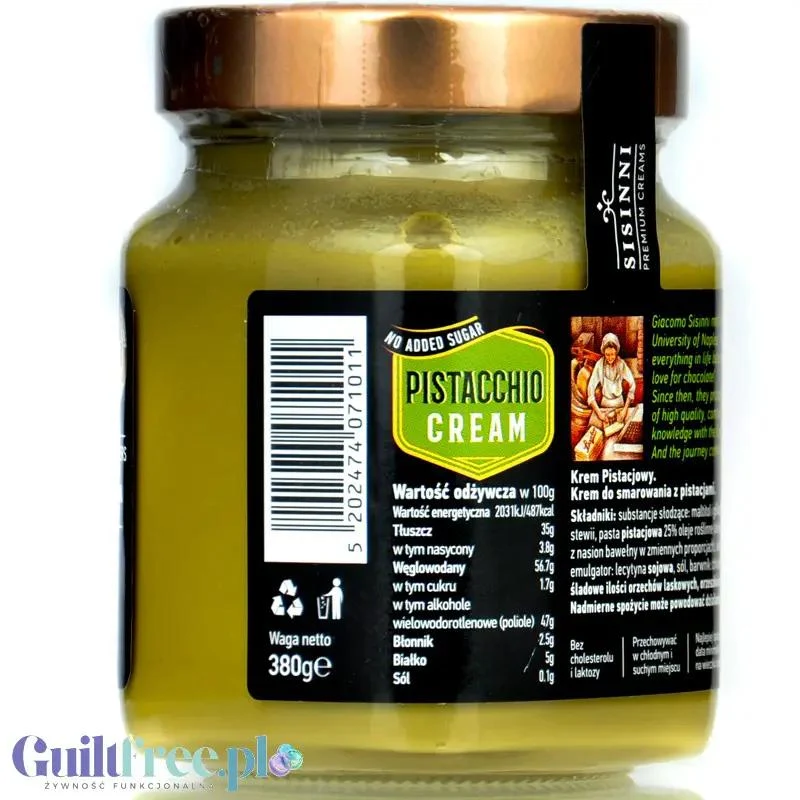 Sisinni Premium Pistacchio Cream Stevia - krem pistacjowy, bez cukru, ze stewią