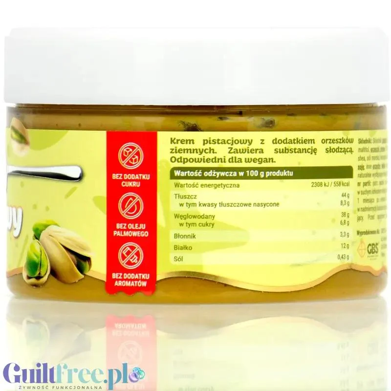 GBS Krem Pistacjowy z Kawałkami Orzeszków - wegański krem pistacjowy z orzeszkami ziemnymi bez cukru i bez oleju palmowego