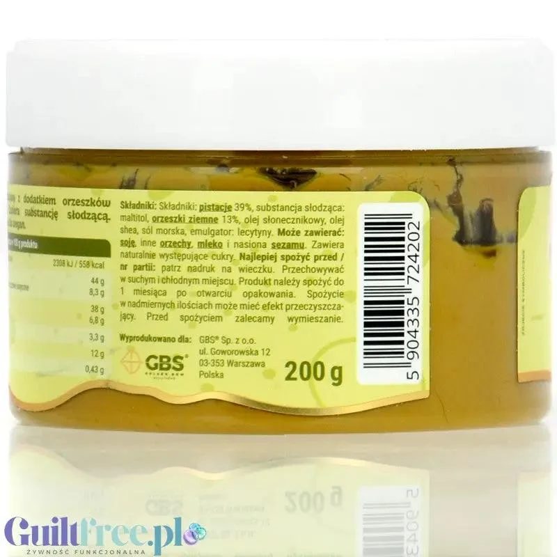 GBS Krem Pistacjowy z Kawałkami Orzeszków - wegański krem pistacjowy z orzeszkami ziemnymi bez cukru i bez oleju palmowego