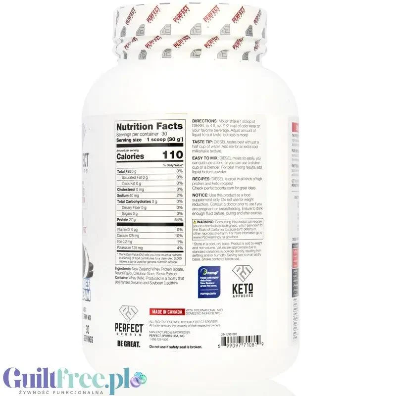 Perfect Sport Diesel 100% Whey Isolate Salted Caramel - izolat WPI z Nowej Zelandii bez cukru i tłuszczu, 27g białka & 110kcal