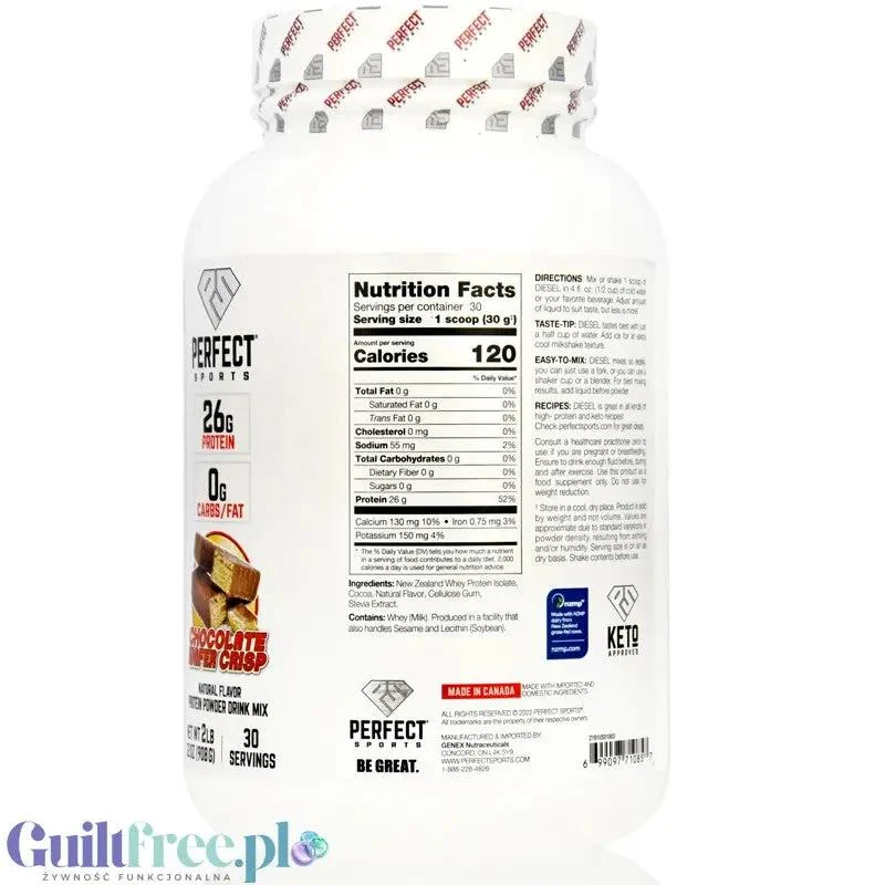 Perfect Sport Diesel 100% Whey Isolate Chocolate Wafer Crisp - izolat WPI bez cukru i tłuszczu, 26g białka & 120kcal