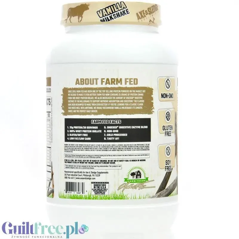 Axe & Sledge Farm Fed, Vanilla Milkshake - bezkompromisowa odżywka białkowa 100% WPI, 25g białka & 100kcal