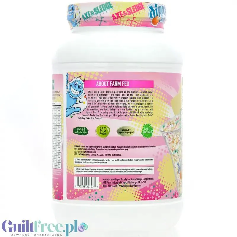 Axe & Sledge Farm Fed, Dippin' Dots Birthday Cake Ice Cream - bajecznie pyszna odżywka białkowa 100% WPI, 22g białka