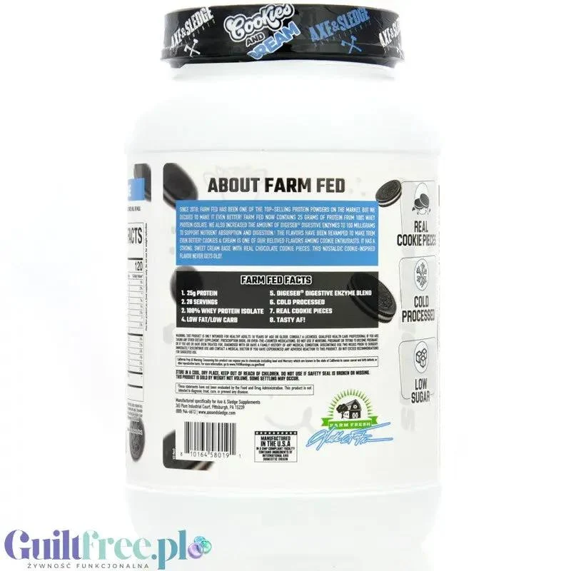 Axe & Sledge Farm Fed, Cookies & Cream - wyśrubowana odżywka białkowa 100% WPI, 25g białka