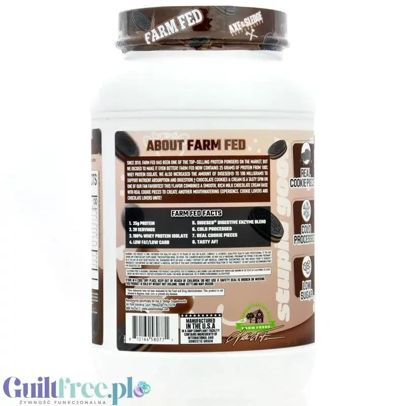 Axe & Sledge Farm Fed, Chocolate Cookies & Cream - wyśrubowana odżywka białkowa 100% WPI, 25g białka