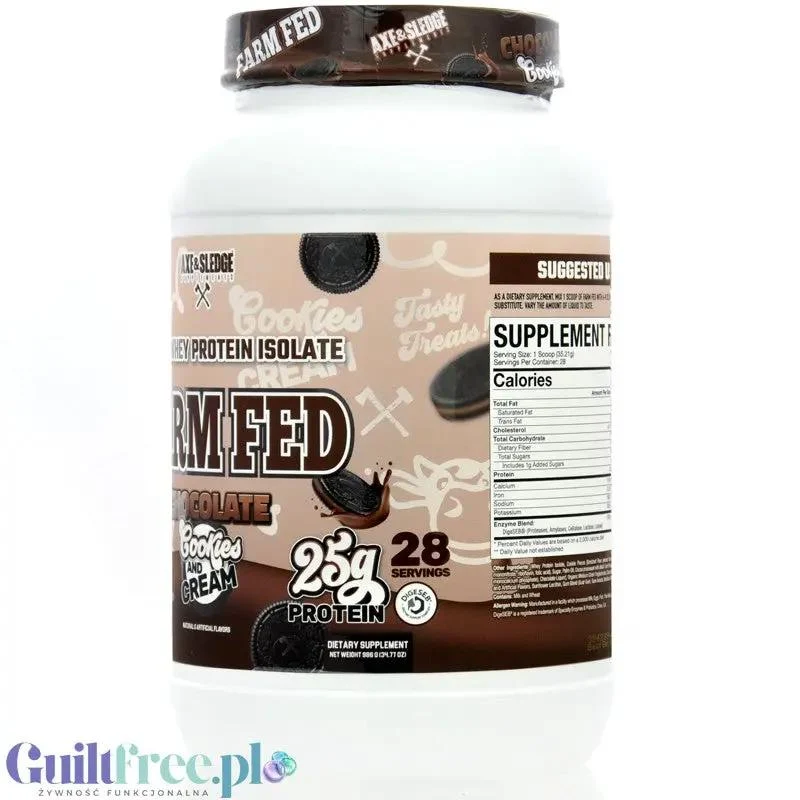 Axe & Sledge Farm Fed, Chocolate Cookies & Cream - wyśrubowana odżywka białkowa 100% WPI, 25g białka