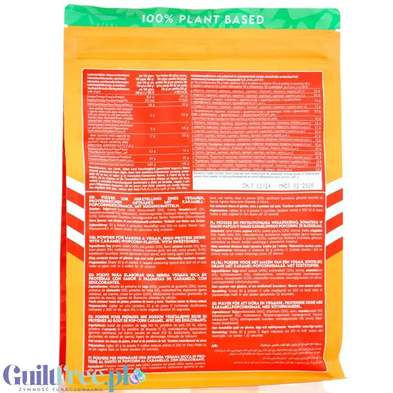 Inlead Vegan Protein Caramel Popcorn - wegańska odżywka proteinowa na bazie 4 białek roślinnych ze stewią