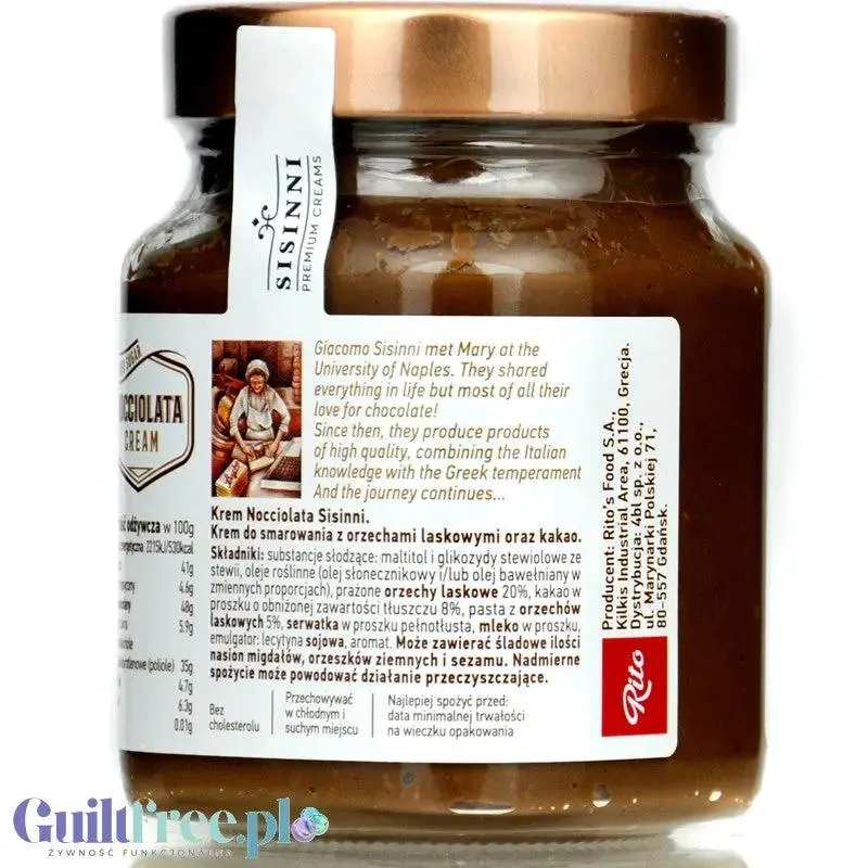 Sisinni Premium Creams Nocciolata Cream Stevia - krem z orzechami laskowymi i kakao, bez cukru, ze stewią