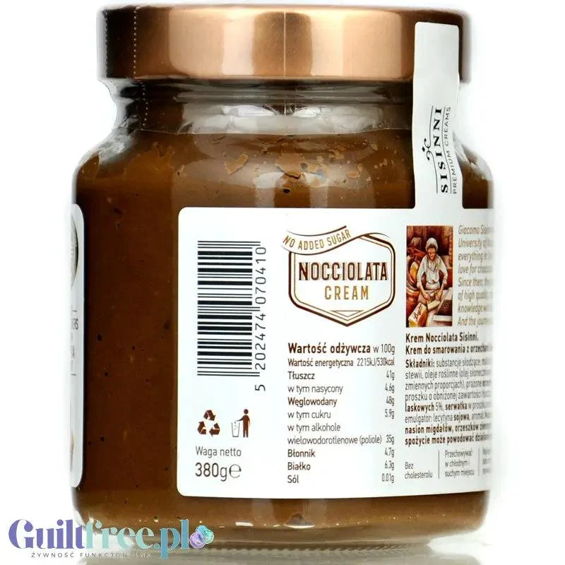 Sisinni Premium Creams Nocciolata Cream Stevia - krem z orzechami laskowymi i kakao, bez cukru, ze stewią