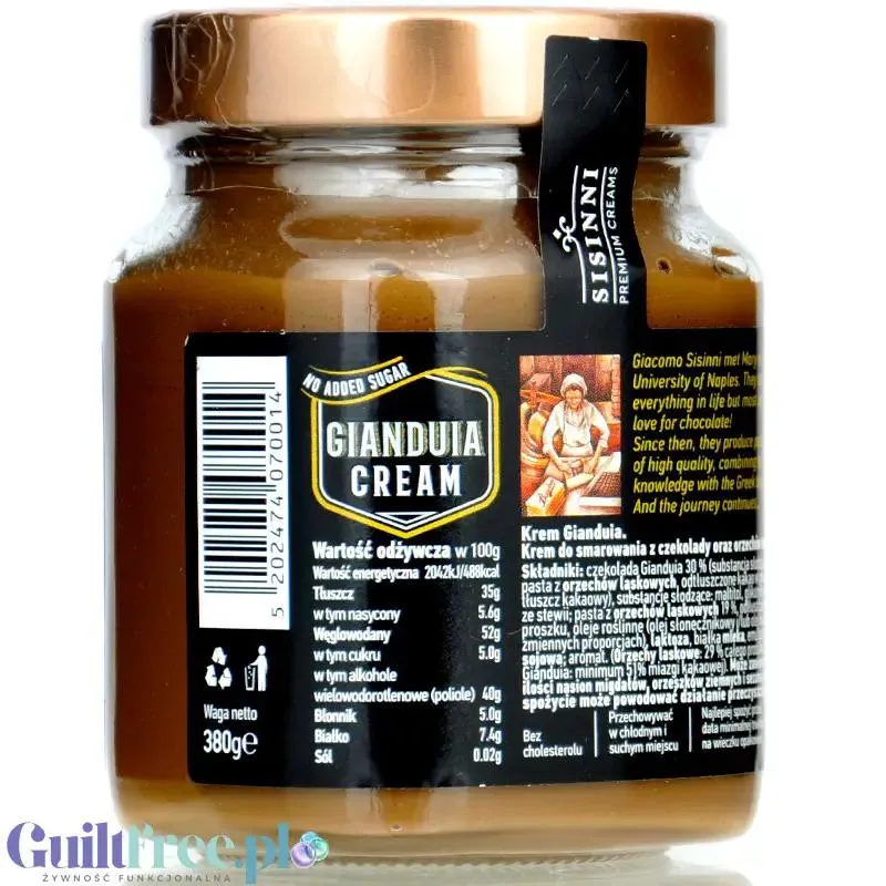 Sisinni Premium Creams Gianduia Cream Stevia - krem czekoladowo-pralinowy gianduia z orzechami laskowymi bez dodatku cukru