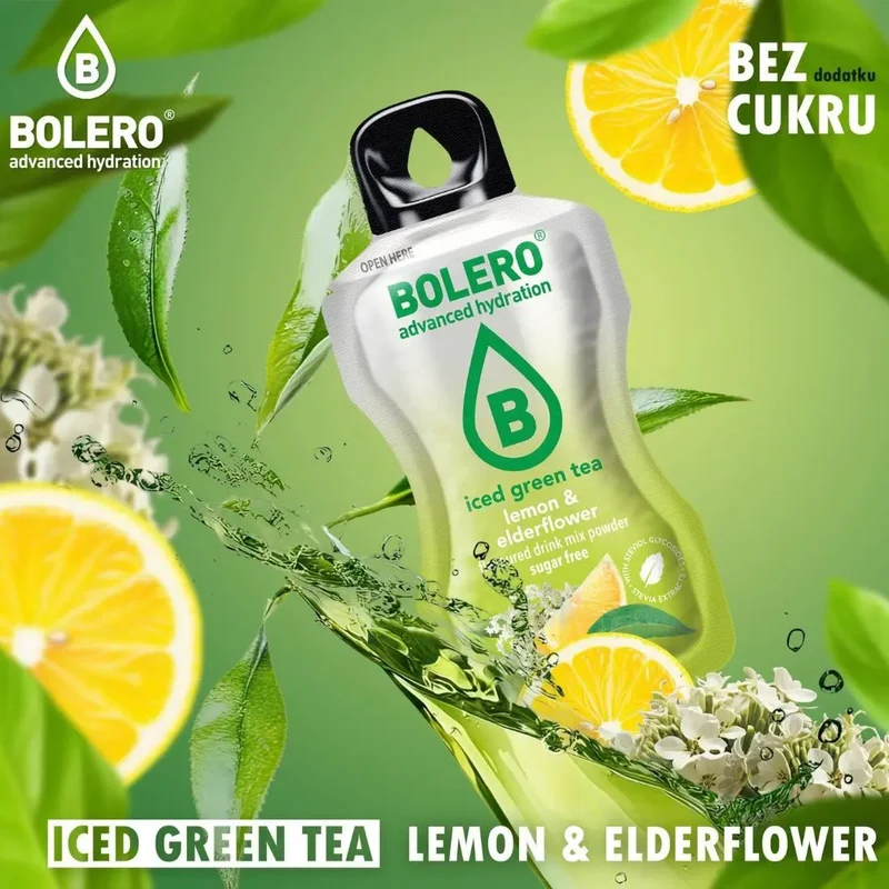 Bolero Drink Iced Green Tea Lemon & Elderflower - napój instant w saszetce, Mrożona Zielona Herbata Cytryna i Kwiat Czarnego Bzu