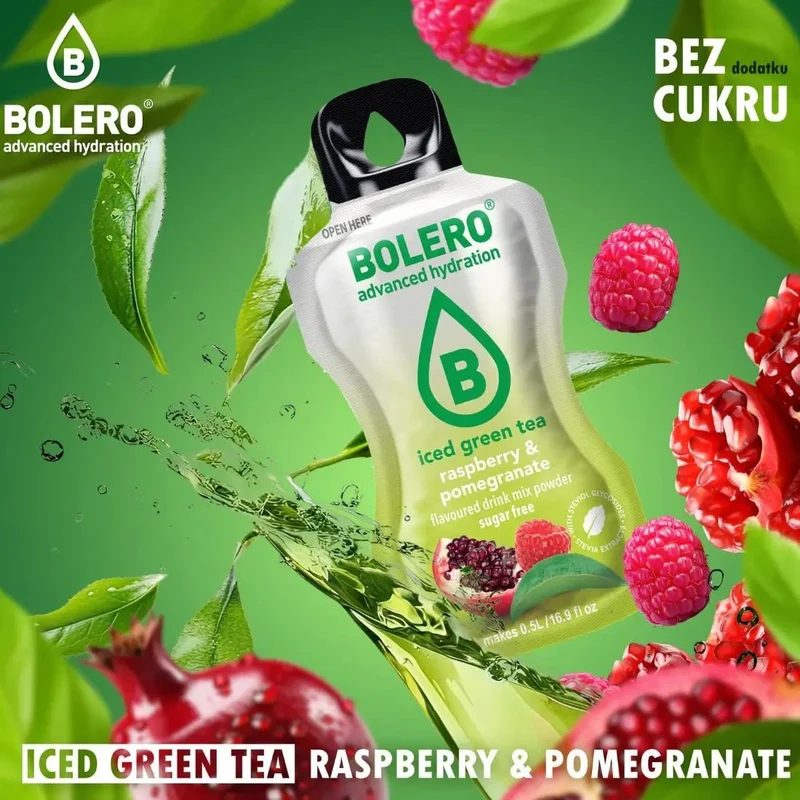 Bolero Drink Iced Green Tea Raspberry & Pomegranate 8g - napój instant w saszetce, Mrożona Zielona Herbata Malina i Granat