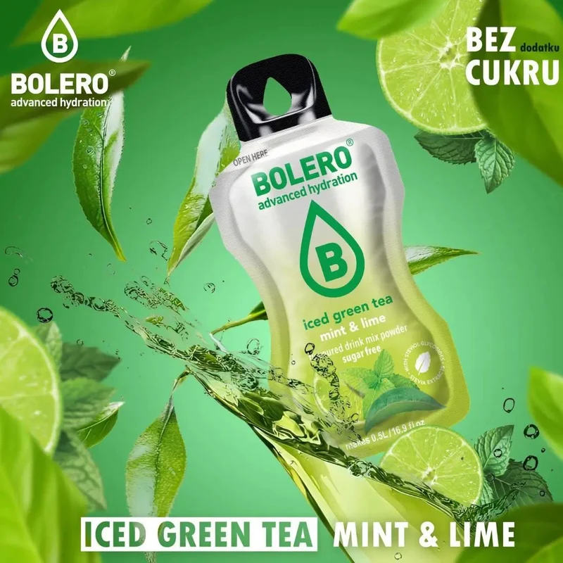 Bolero Drink Iced Green Tea Mint & Lime 8g - napój instant w saszetce, ze stewią, Mrożona Zielona Herbata Mięta z Limonką