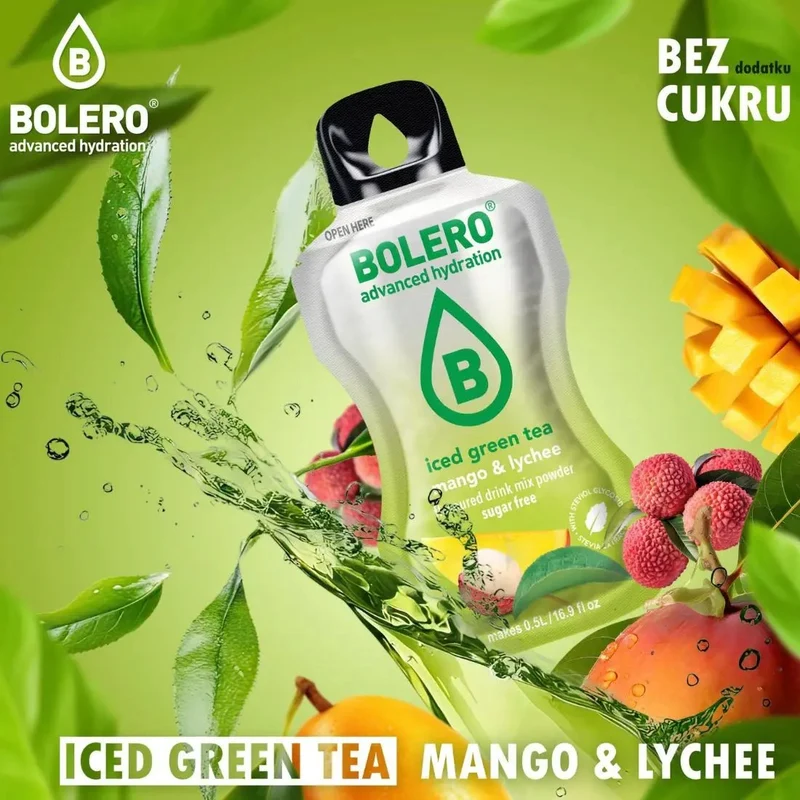 Bolero Drink Iced Green Tea Mango & Lychee 8g - napój instant w saszetce, ze stewią, Mrożona Zielona Herbata z Mango i Liczi