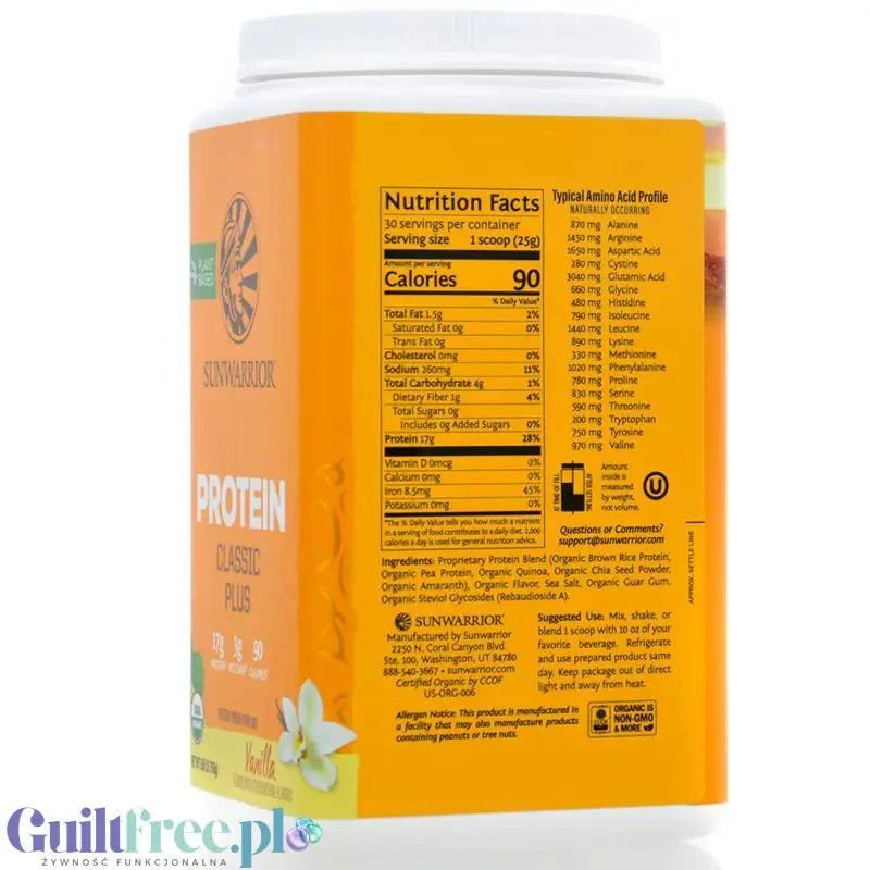 Sunwarrior Protein Classic Plus, Vanilla 0,75KG - organiczna wegańska odżywka białkowa z 5 superfoods