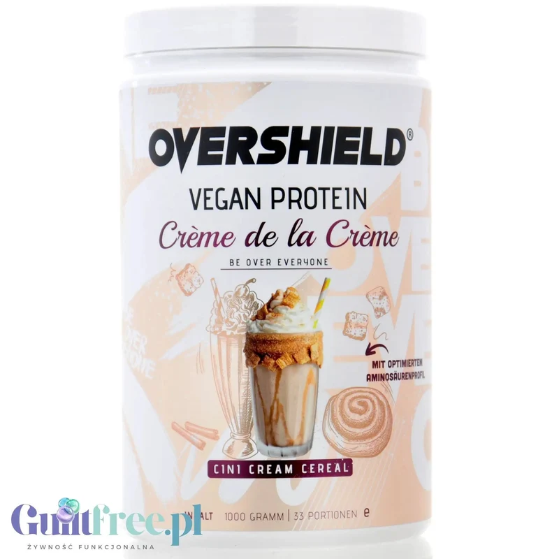 Overshield Vegan Crème de la Crème, Cini Cream Cereal - wegańska odżywka białkowa bez soi i glutenu, smak Płatki Cynamonowe