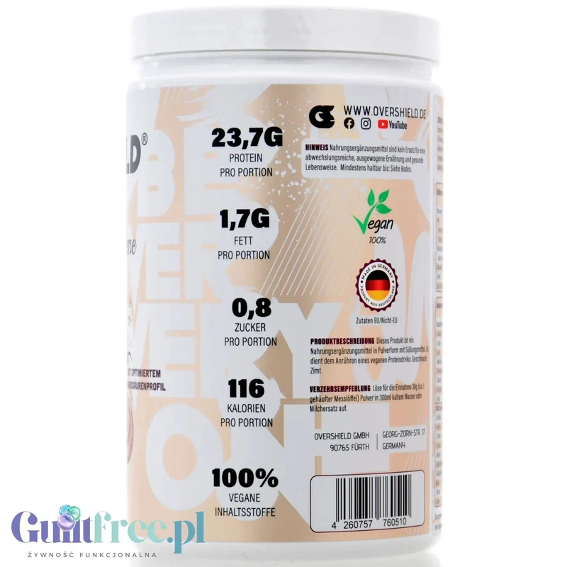 Overshield Vegan Crème de la Crème, Cini Cream Cereal - wegańska odżywka białkowa bez soi i glutenu, smak Płatki Cynamonowe