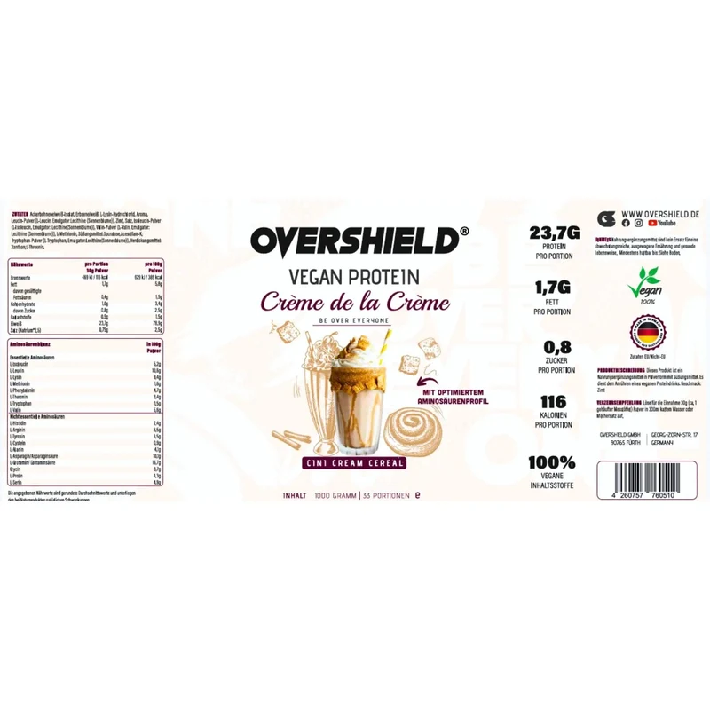 Overshield Vegan Crème de la Crème, Cini Cream Cereal - wegańska odżywka białkowa bez soi i glutenu, smak Płatki Cynamonowe