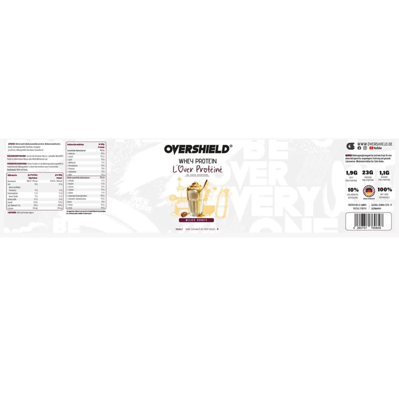 Overshield Whey Protein L’Over Protéiné Milky Honey - kremowe deserowe białko, odżywka WPC & WPI smak Mleko z Miodem