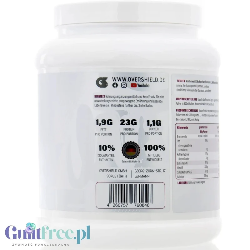Overshield Whey Protein L’Over Protéiné Milky Honey - kremowe deserowe białko, odżywka WPC & WPI smak Mleko z Miodem