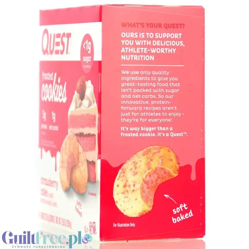 Quest Frosted Cookies, Strawberry Cake - lukrowane miękkie keto ciastka w polewie, BOX 8 SZT