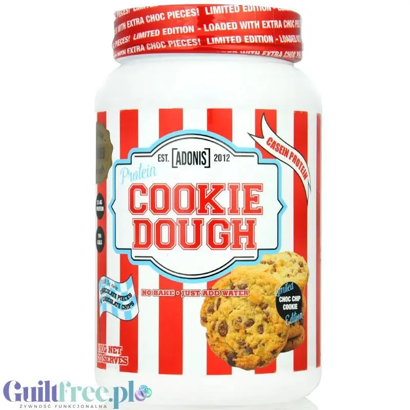 Adonis Cookie Dough Casein Protein, Choc Chip Cookie 1kg - kazeinowa masa ciasteczkowa, edycja limitowana z extra czekoladą