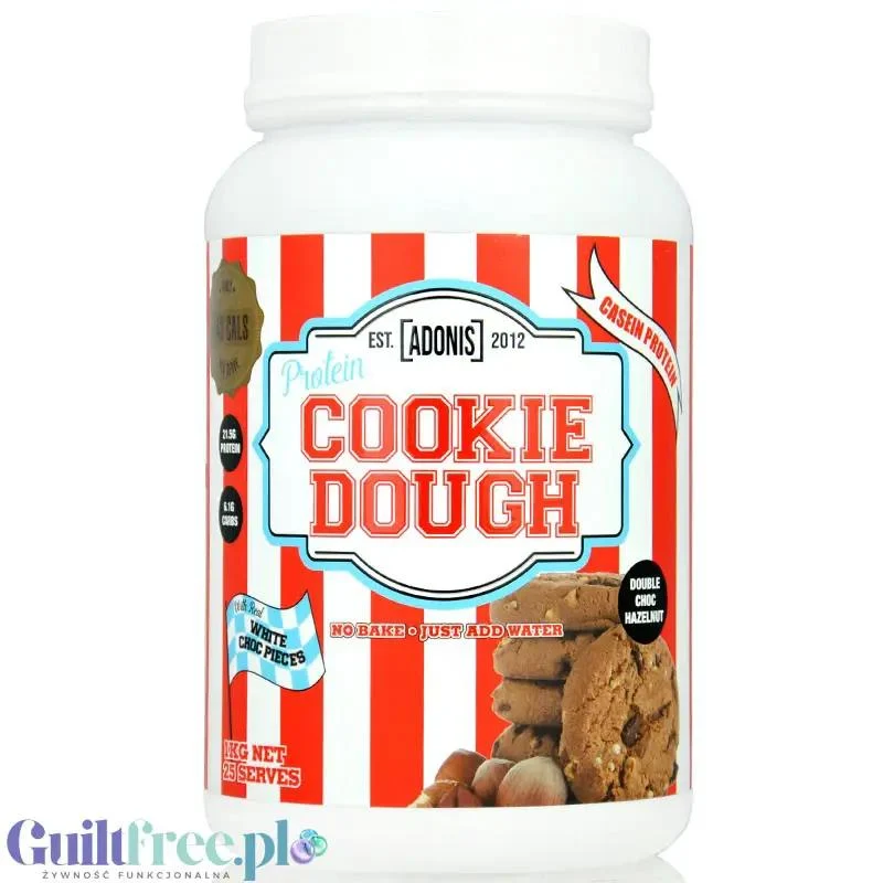 Adonis Cookie Dough Casein Protein, Double Choc Hazelnut 1kg - proteinowa masa ciasteczkowa z czekoladą, 21g białka & 141kcal